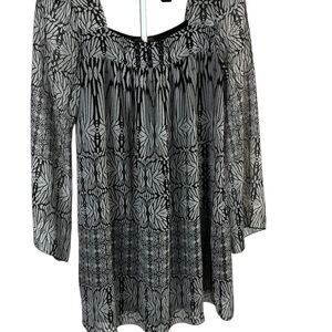 One World Sheer Chiffon Babydoll Tunic Top – Black & Gray Print, Size S